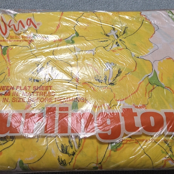 VERA *NEW* VTG Queen Flat No-Iron Percale SHEET Yellow/Orange FLORAL Burlington - Picture 5 of 8